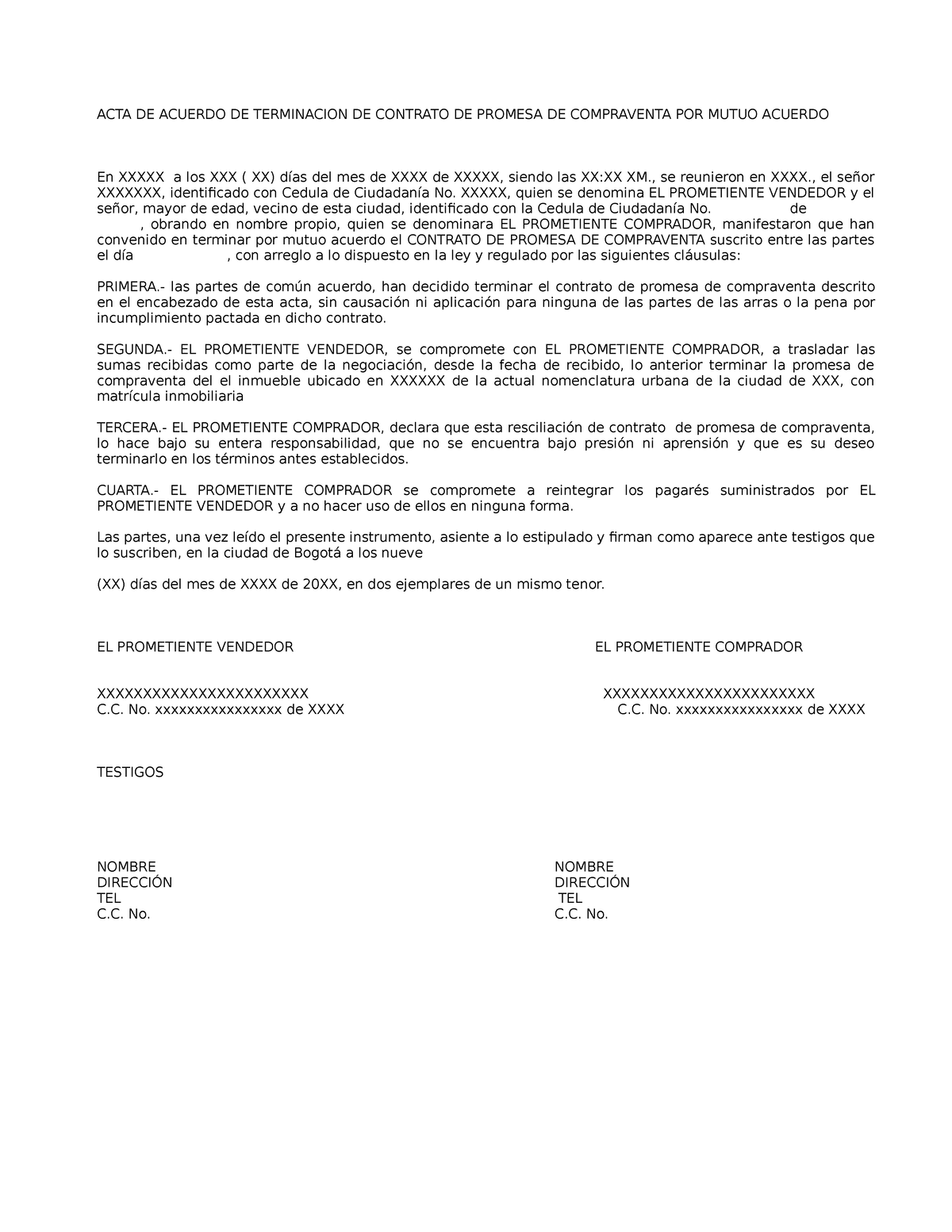 ACTA DE Acuerdo DE Terminacion DE Contrato DE Promesa DE Compraventa POR  Mutuo Acuerdo - ACTA DE - Studocu
