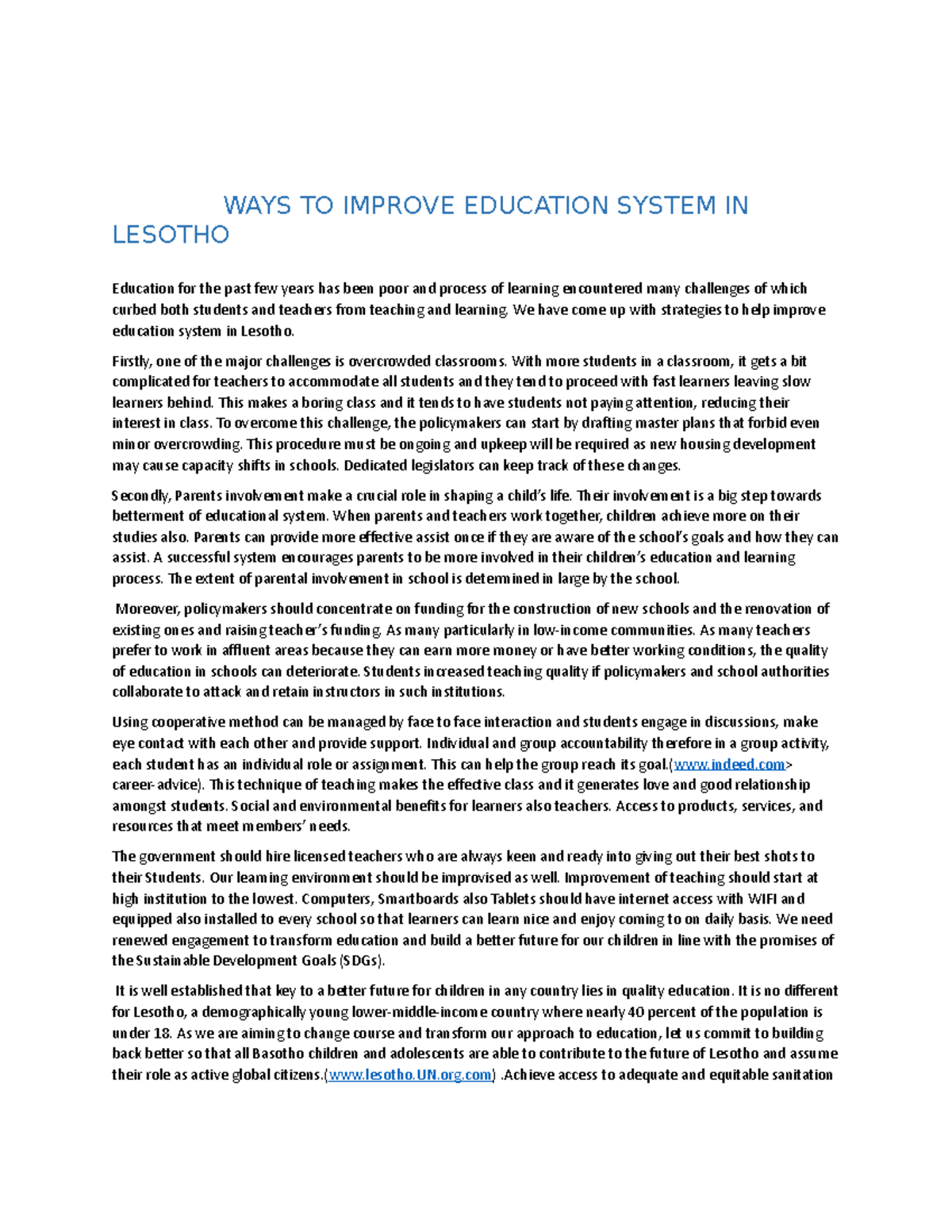WAYS TO Improve Education System IN Lesotho - WAYS TO IMPROVE EDUCATION ...
