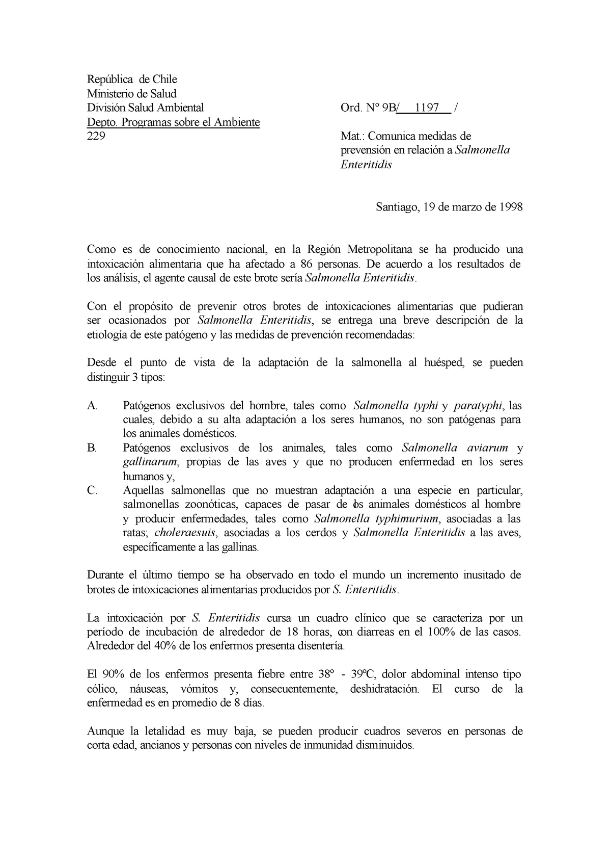 Salmonella - República de Chile Ministerio de Salud División Salud ...