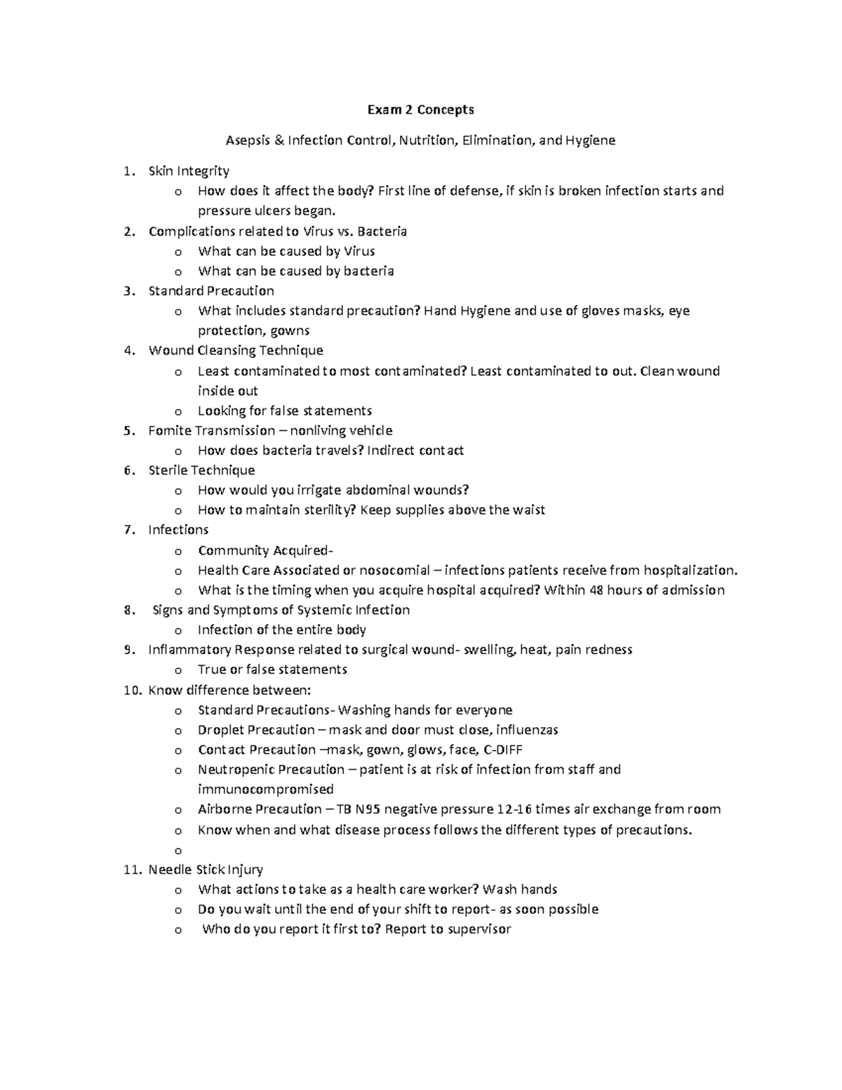 Exam 2 and Exam 3 Concepts - Exam 2 Concepts Asepsis & Infection ...