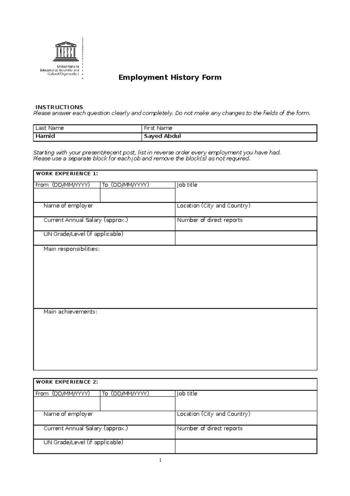 Unescoemployment History Form updated template final - Employment ...