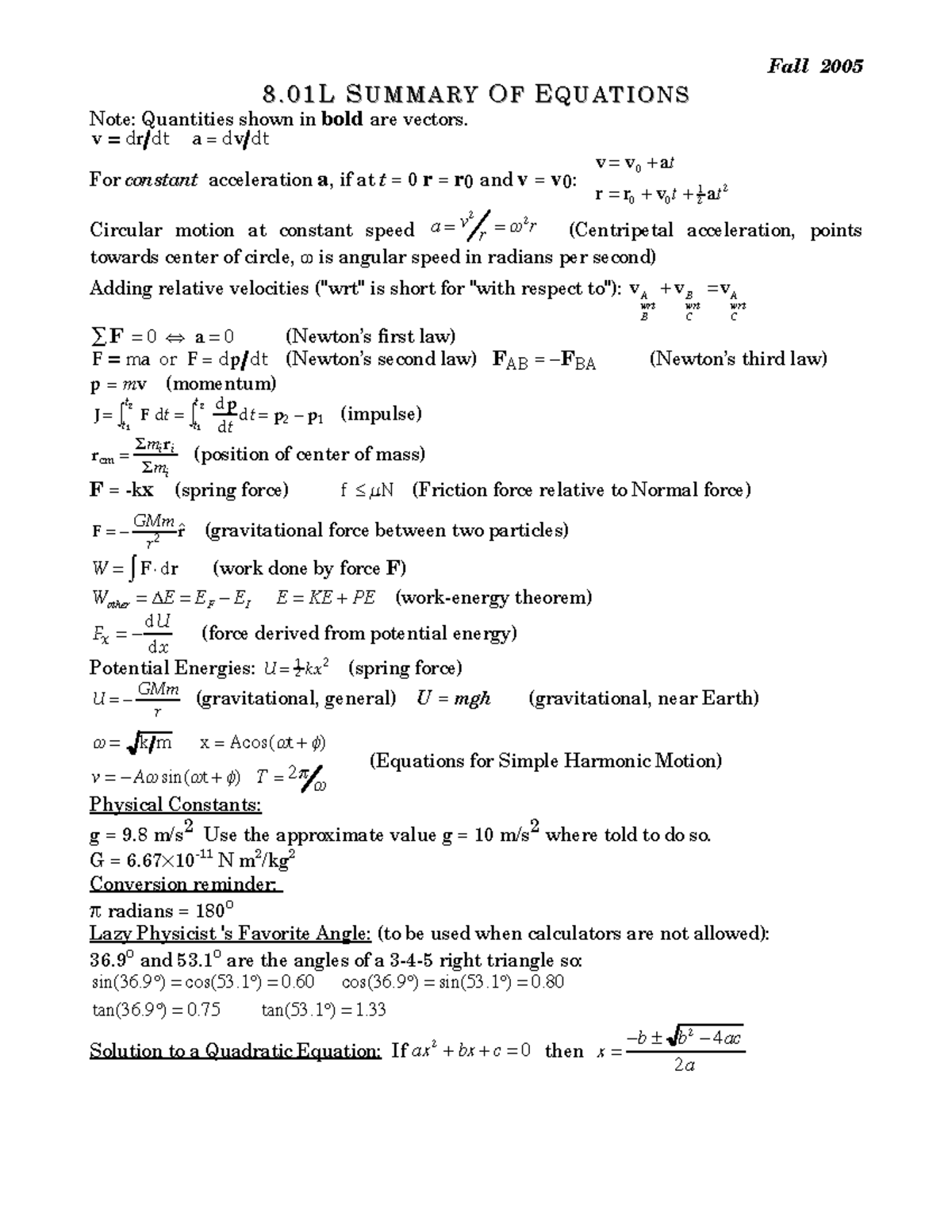 7bd1c39c59e62613 e9013dccbba 12b3b exam3 formulas - Fall 2005 88 .. 00 ...