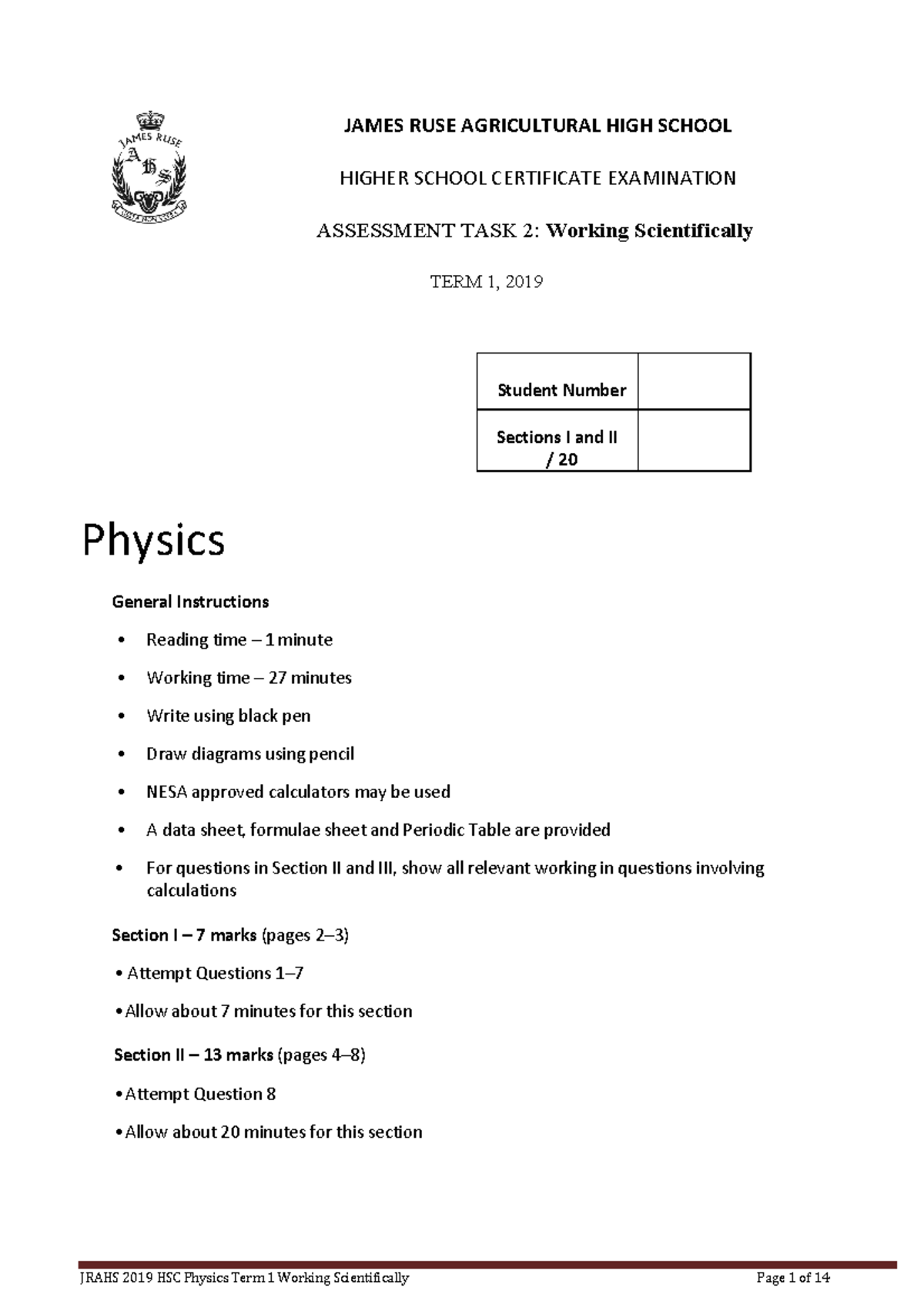 2019 Term 1 Physics WS I and II Task 2 Adv Mech and EM - Studocu