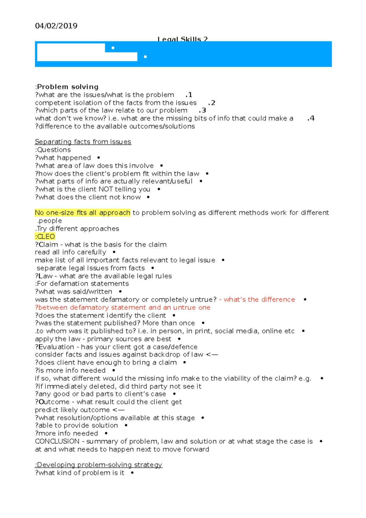 Legal Skills 2 04:02:2019 - Legal Skills 2 : Problem solving ?what are ...