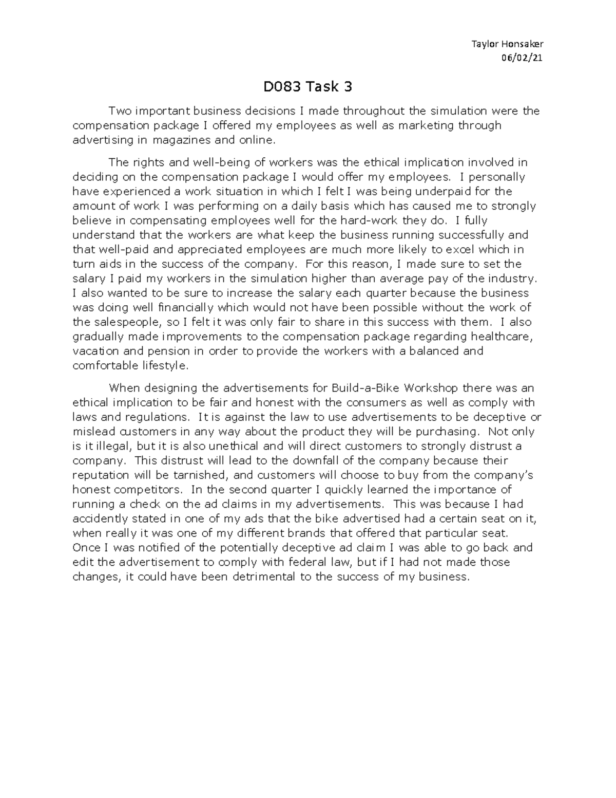 D083 Task 3 Assignment - Taylor Honsaker 06/02/ D083 Task 3 Two ...