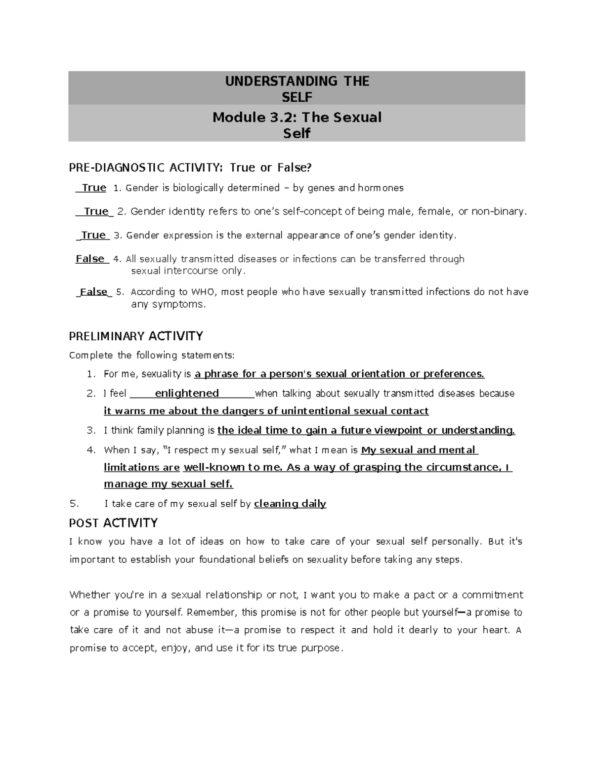 Understanding-the-self - UNDERSTANDING THE SELF Module 3: The Sexual ...