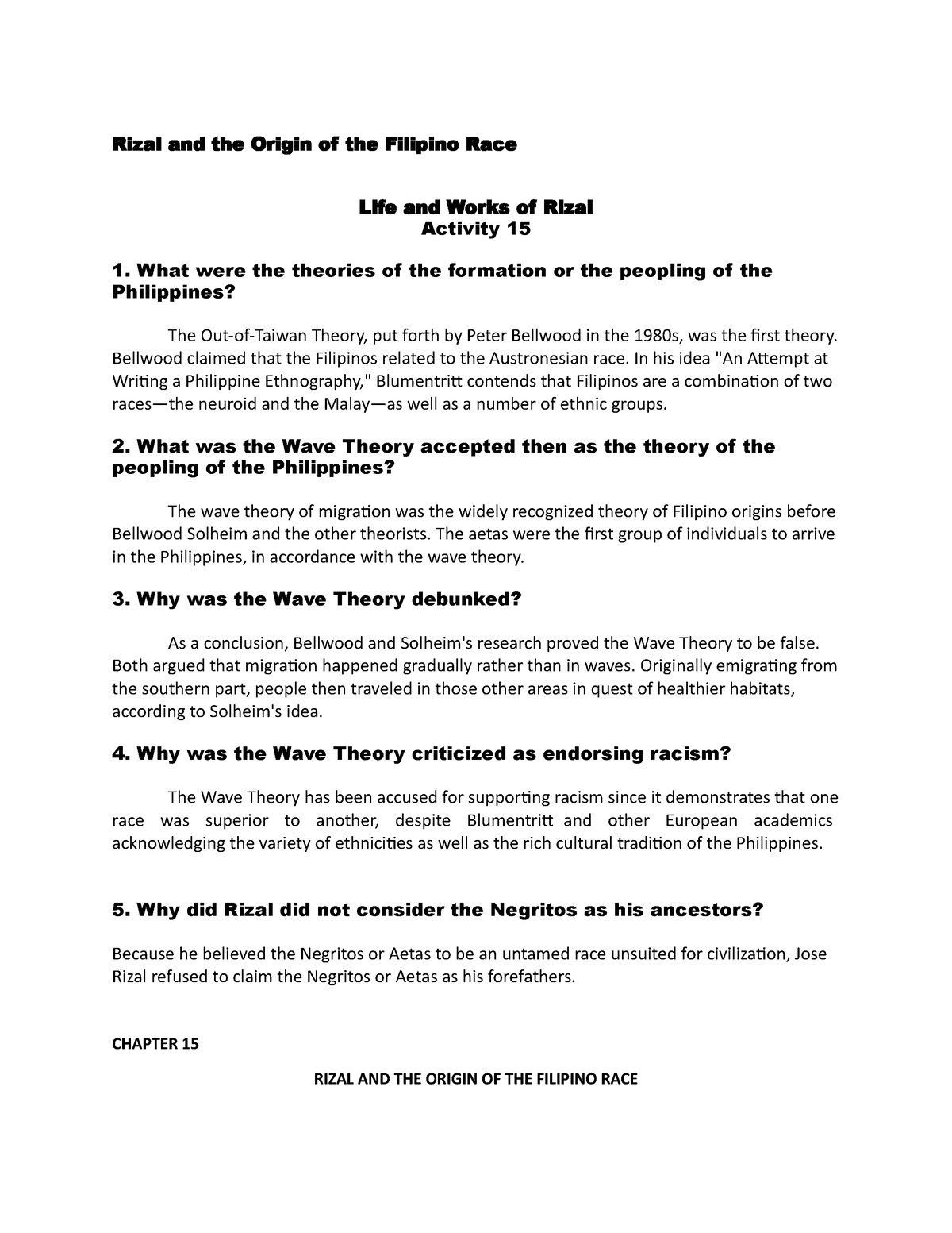 RN15 - Rizal-Chapter-15 - Rizal And The Origin Of The Filipino Race ...