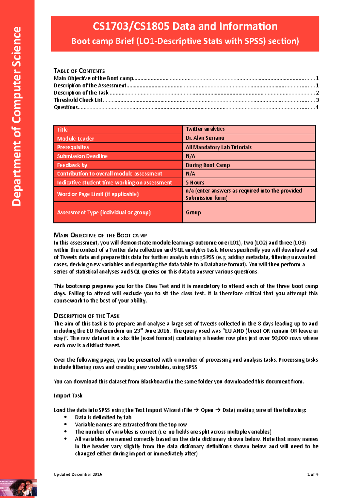 CS1805 Bootcamp LO1 SPSS Description 201920 TABLE OF CONTENTS Main