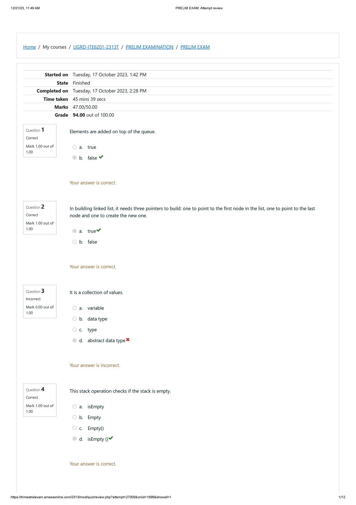 Datastructure AND Algorithm Prelim EXAM - Home / My Courses / UGRD ...