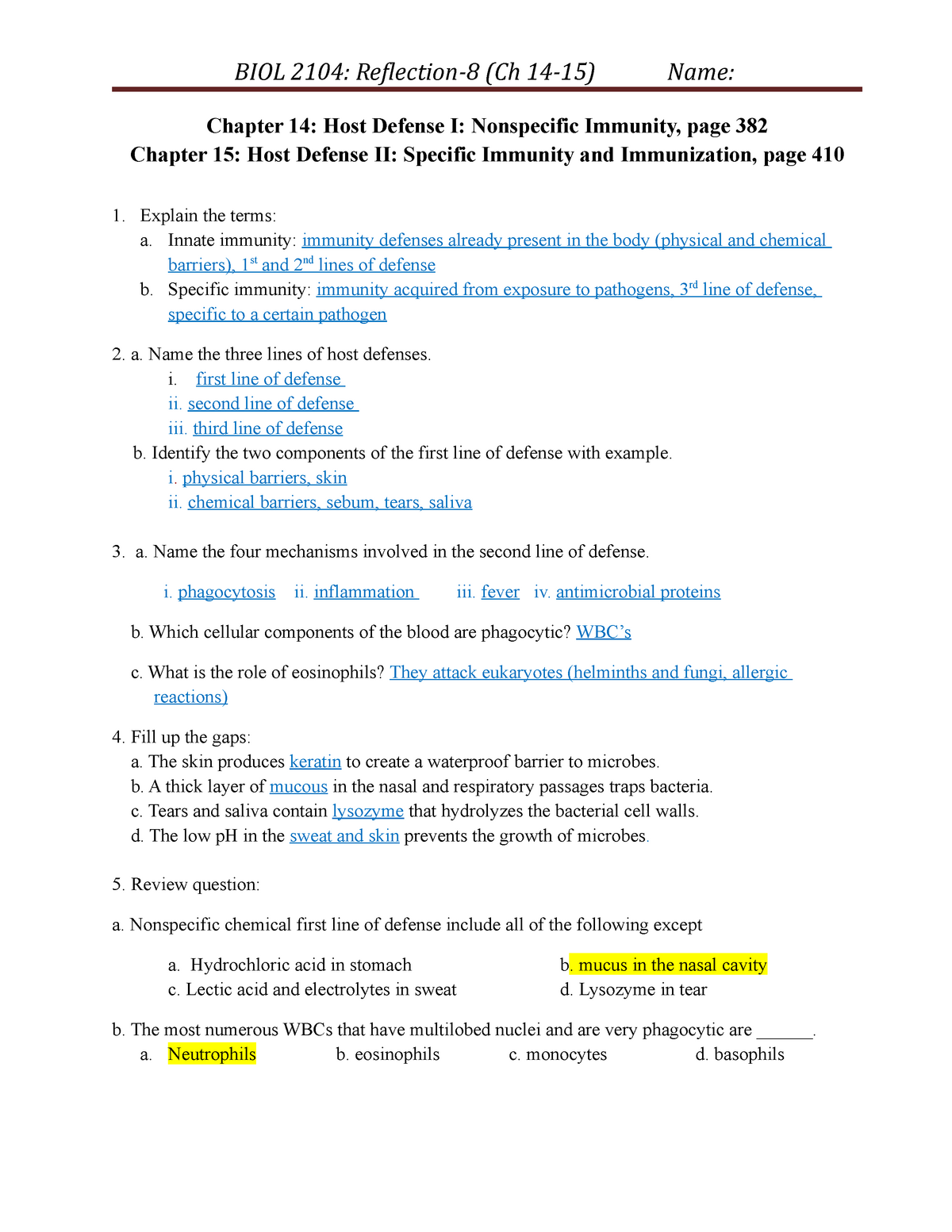 Microbiology Reflection Chapters 14and15 Chapter 14 Host Defense I Nonspecific Immunity Page 7673