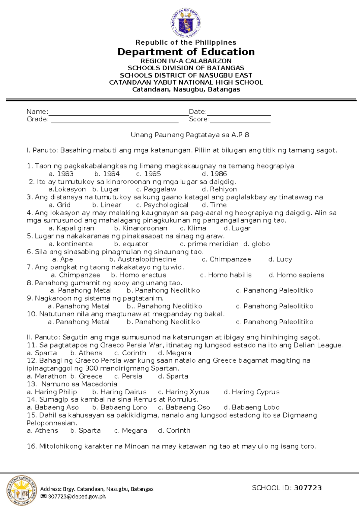 AP 8 - For you to have sample pretest - SCHOOL ID: 307723 Republic of ...