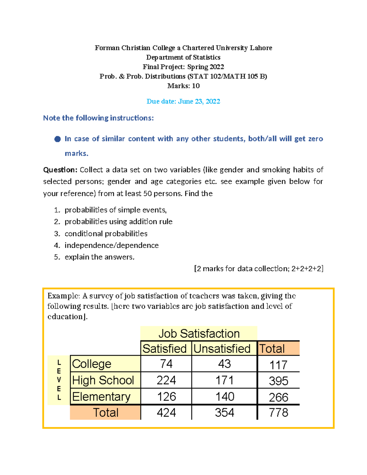 Project - & Prob. Distributions (STAT 102/MATH 105 B) Marks: 10 Due ...