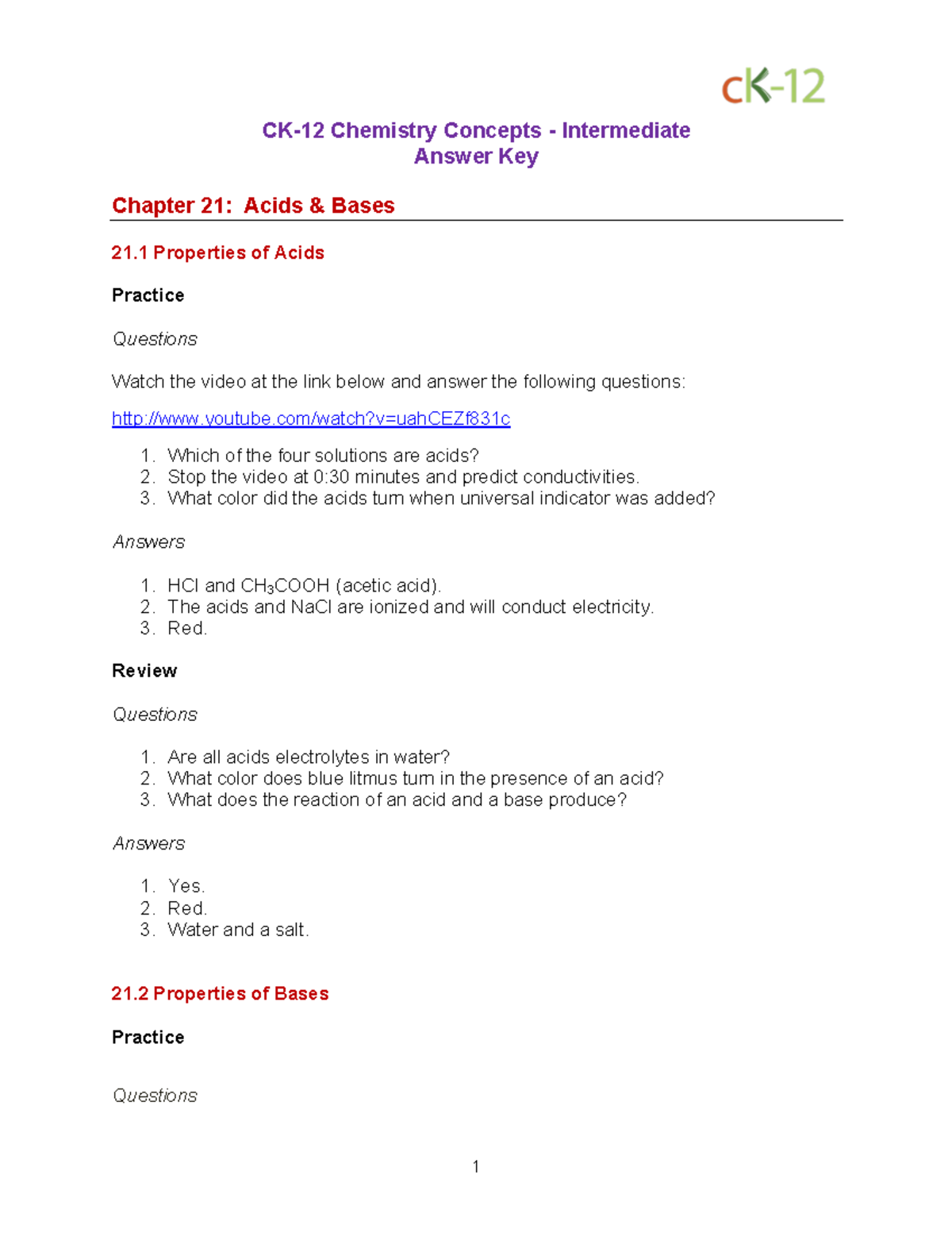 Chemistry Concepts Intermediate Answer Key Chapter 21 Acids Bases