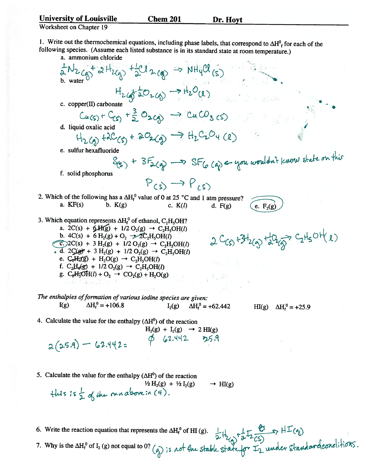 Worksheet PAL - CHEM 201 - Studocu