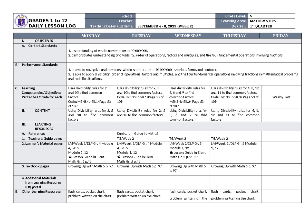 DLL Mathematics 5 Q1 W2 - Dll - GRADES 1 to 12 DAILY LESSON LOG School ...