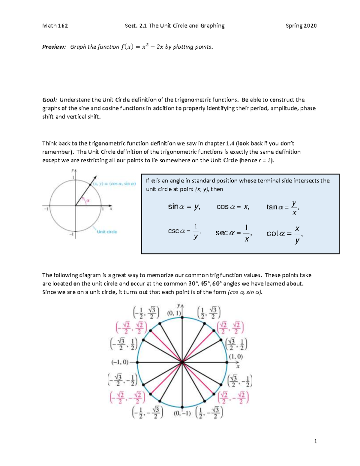 Math 162- Sect. 2.1 Notes - Preview: Graph the function 𝑓 ( 𝑥 ) = 𝑥 2 − ...