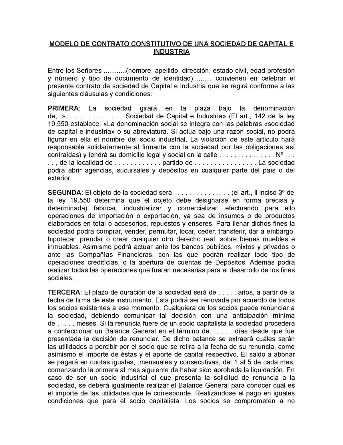 15 Contrato constitutivo de una sociedad de capital e industria - MODELO DE  CONTRATO CONSTITUTIVO DE - Studocu