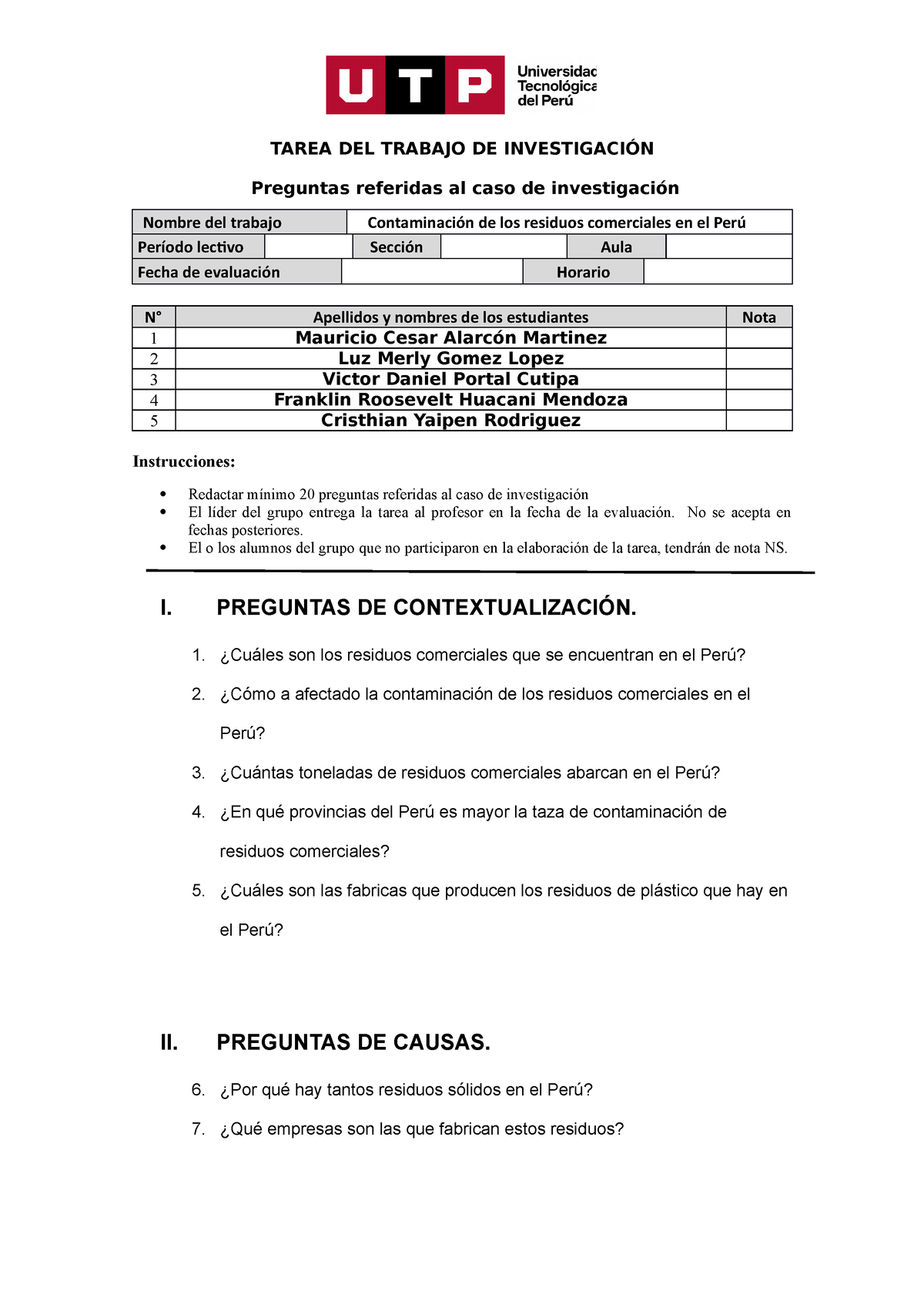 Trabajo DE Investigacion - TAREA DEL TRABAJO DE INVESTIGACIÓN Preguntas ...