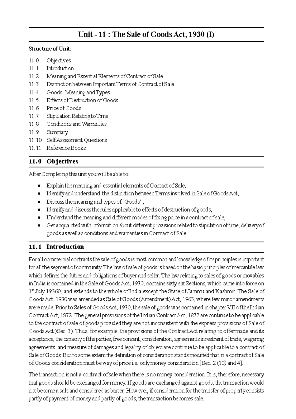 Sale Of Goods Act Lecture Notes Unit 11 The Sale Of Goods Act 