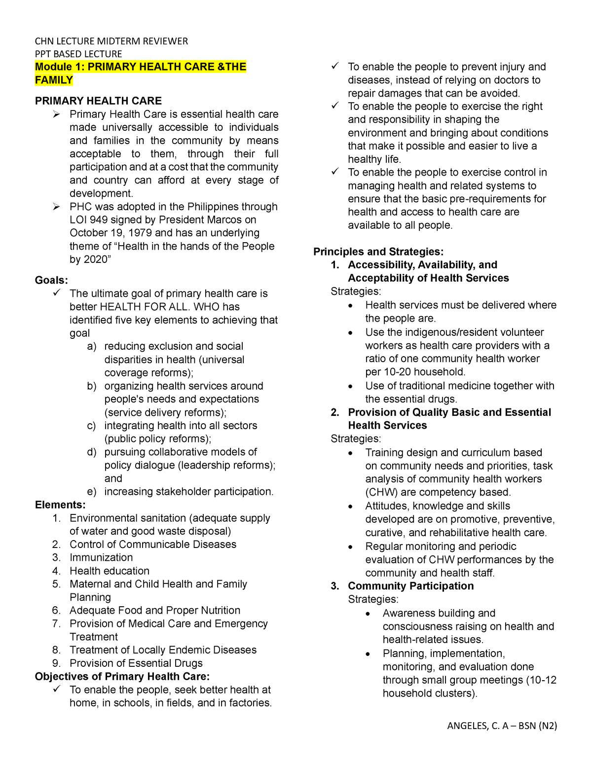 Midterm CHN LEC Reviewer - PPT BASED LECTURE Module 1: PRIMARY HEALTH ...