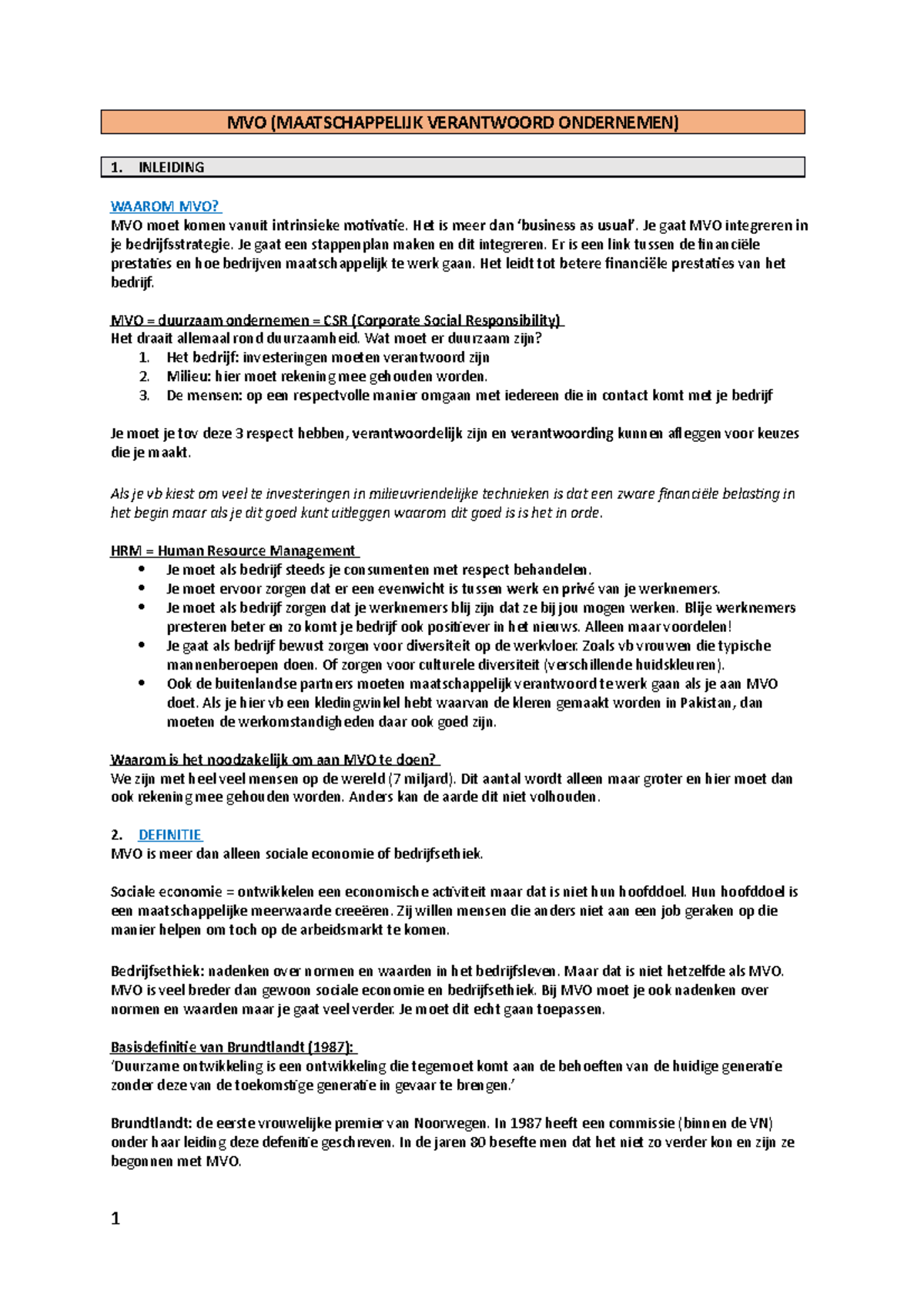 MVO Samenvatting - MVO (MAATSCHAPPELIJK VERANTWOORD ONDERNEMEN) 1 ...