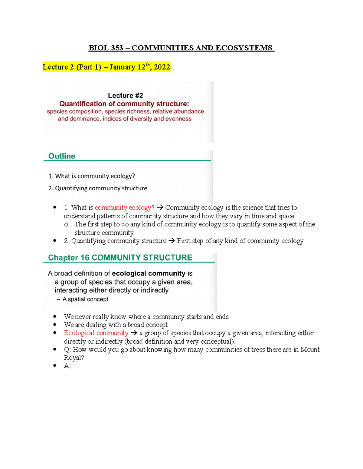BIOL 353 - Lecture 2 - notes - BIOL 353 – COMMUNITIES AND ECOSYSTEMS ...
