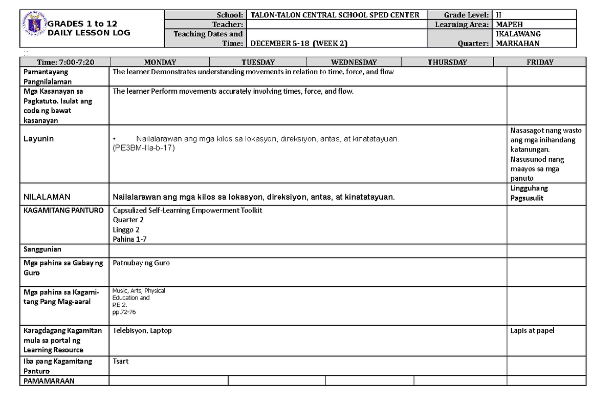 Q2 Dll Mapeh Week 5 Daily Lesson Log Grades 1 To 12 Daily Lesson