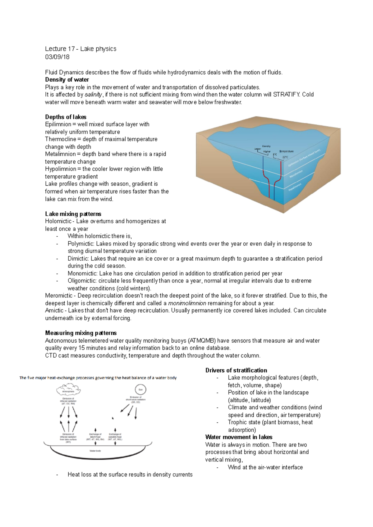 Lecture 17 Lake physics Lecture 17 Lake physics 03/09/ Fluid