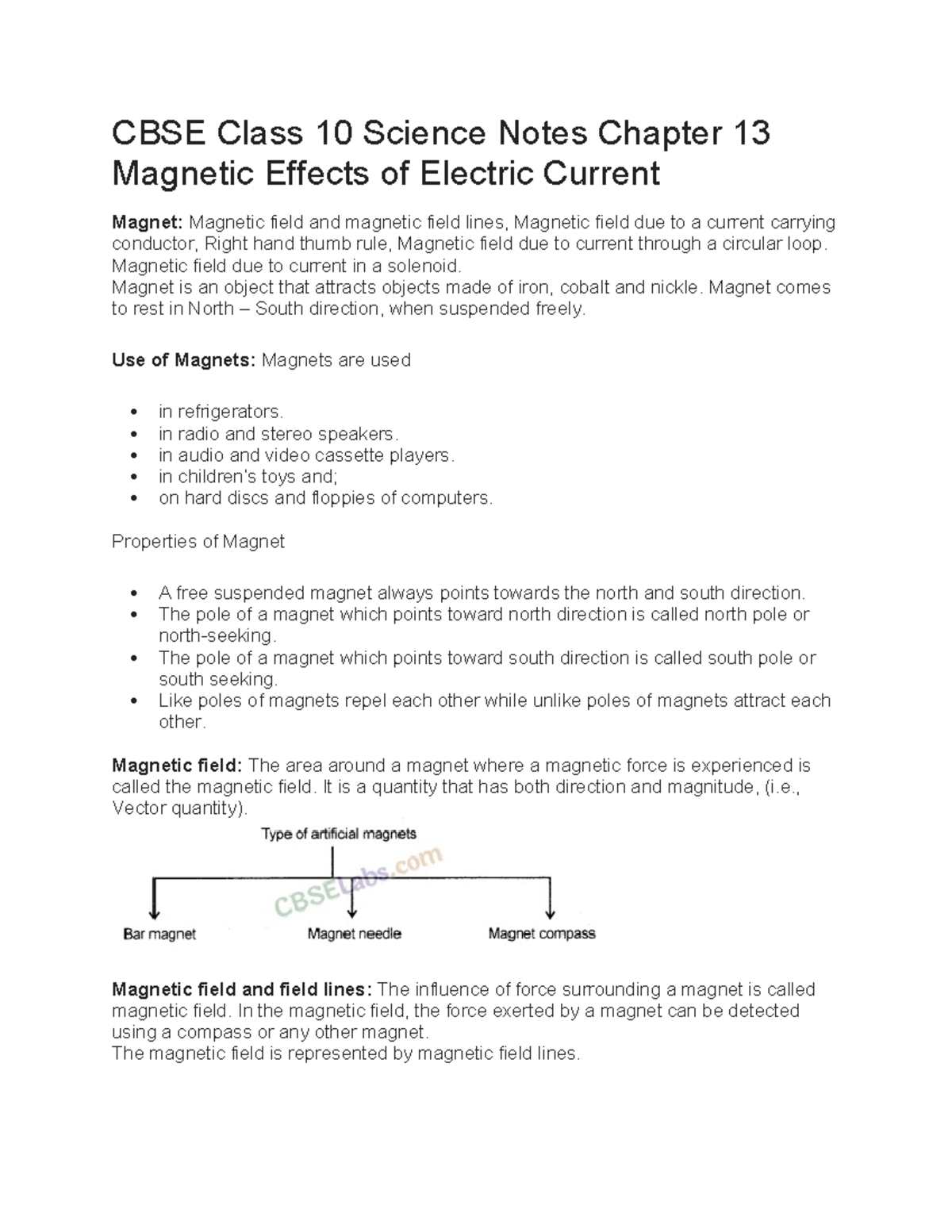 CBSE Class 10 Science Notes Chapter 13 Magnetic Effects of Electric ...