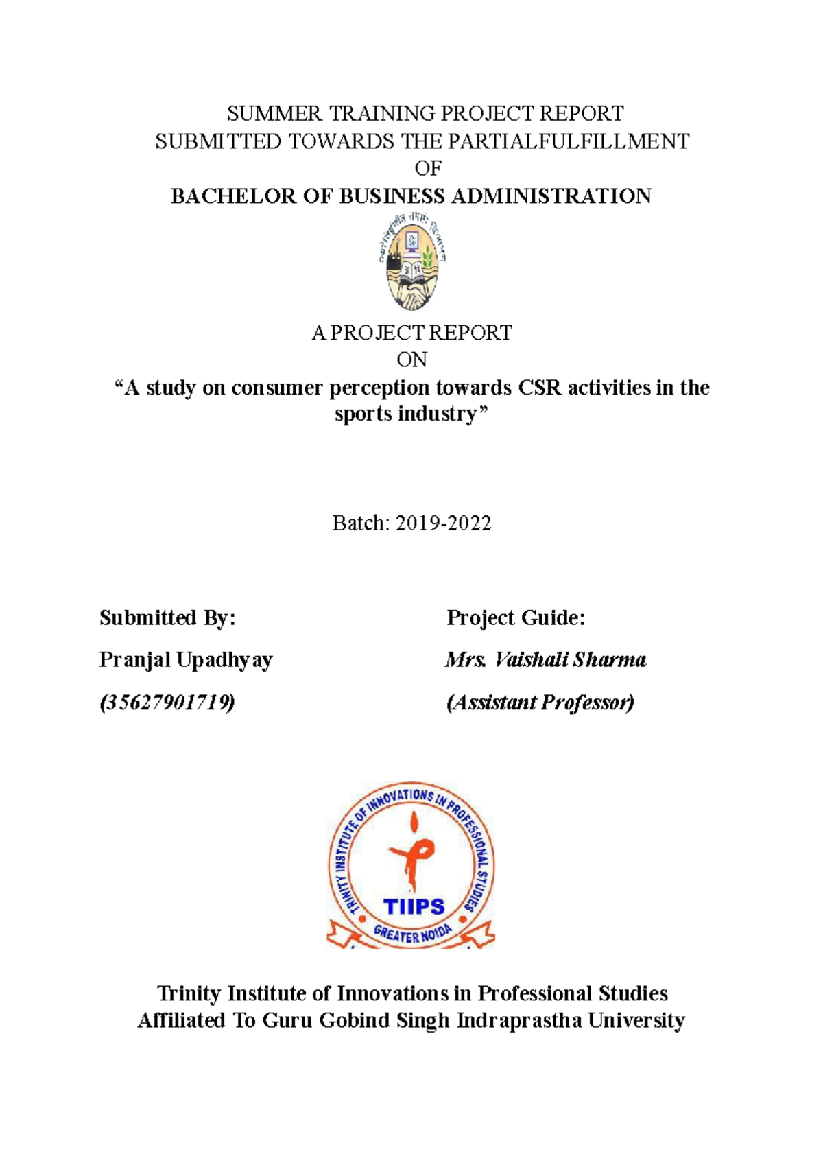 Project last sem - SUMMER TRAINING PROJECT REPORT SUBMITTED TOWARDS THE ...
