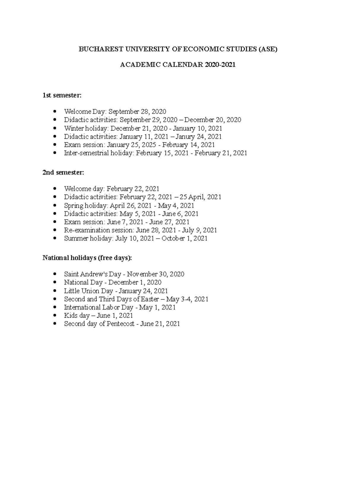 ASE academic calendar 20202021 BUCHAREST UNIVERSITY OF ECONOMIC