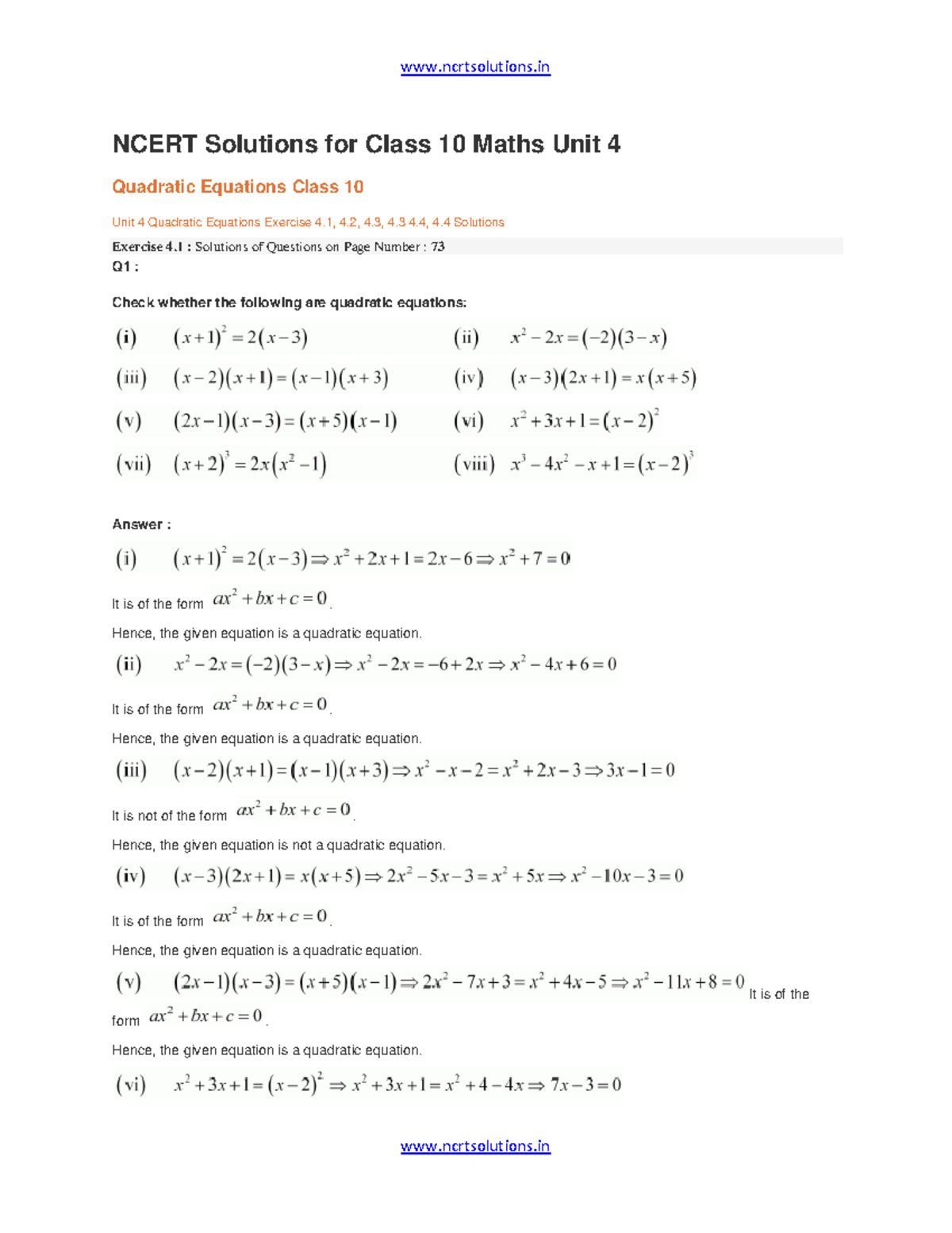 Chapter Quadratic Equations Ncert Solutions For Class Maths Unit