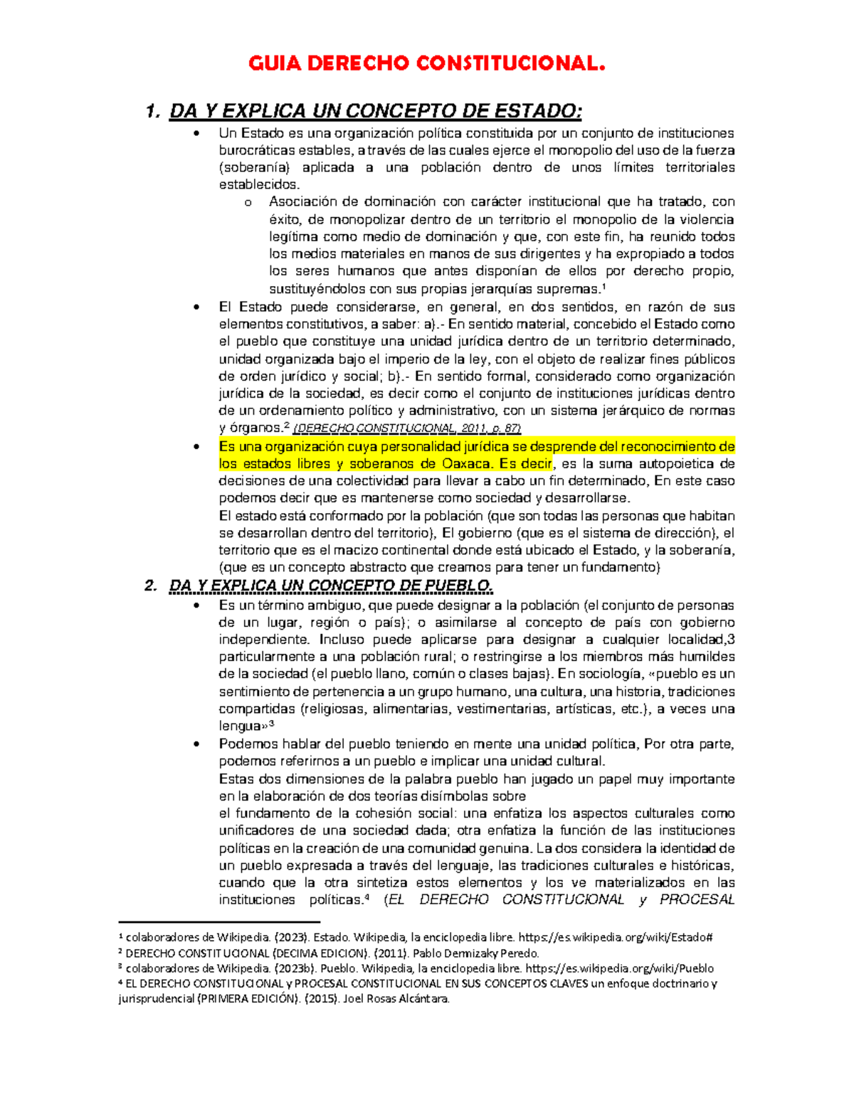 GUIA DE Derecho Constitucional - 1. DA Y EXPLICA UN CONCEPTO DE ESTADO ...