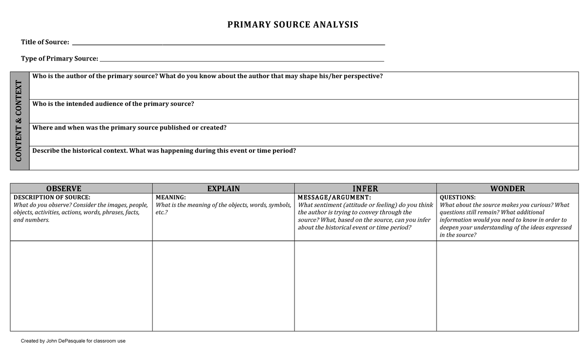 Primary source analysis - Created by John DePasquale for classroom use ...