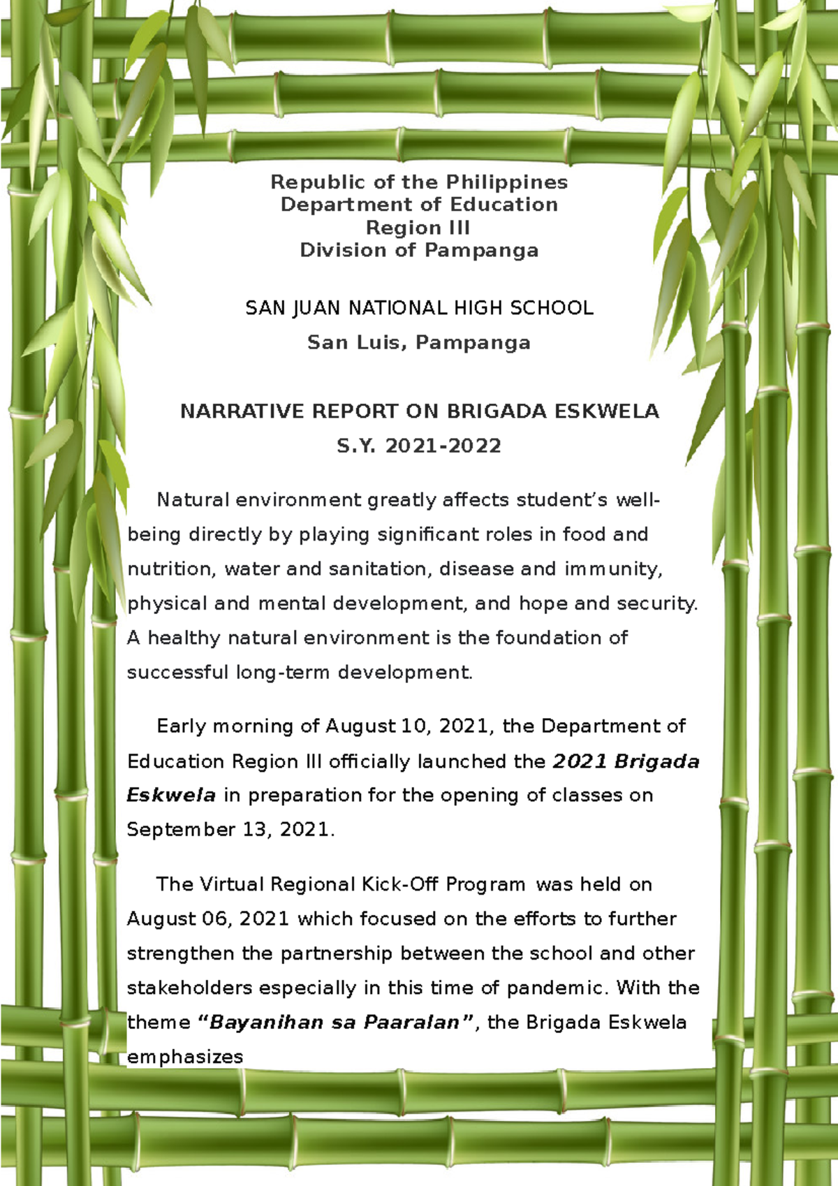 Brigada Eskwela 2021 Narrative Republic of the Philippines Department