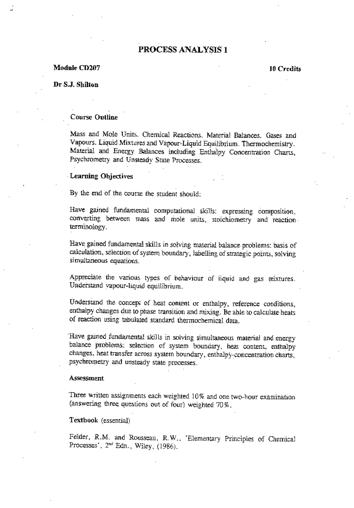 CP207 Proc An section 1 - Process analysis notes that were provided in ...