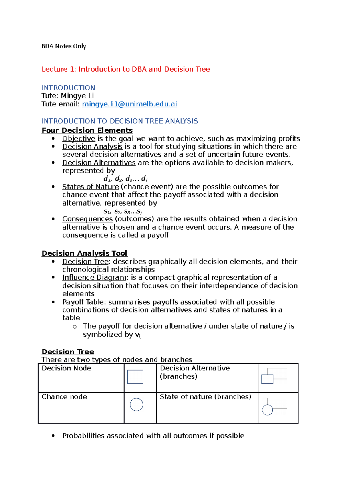 Business Decision Analysis lecture Notes BDA Notes Only Lecture 1 Introduction to DBA and