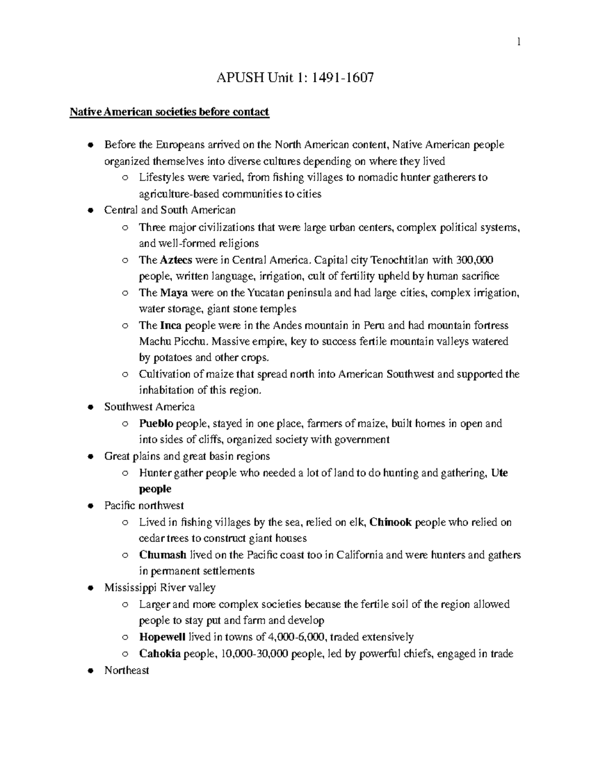 Apush Unit 1 1491 1607 Lecture Notes That Cover United States History 