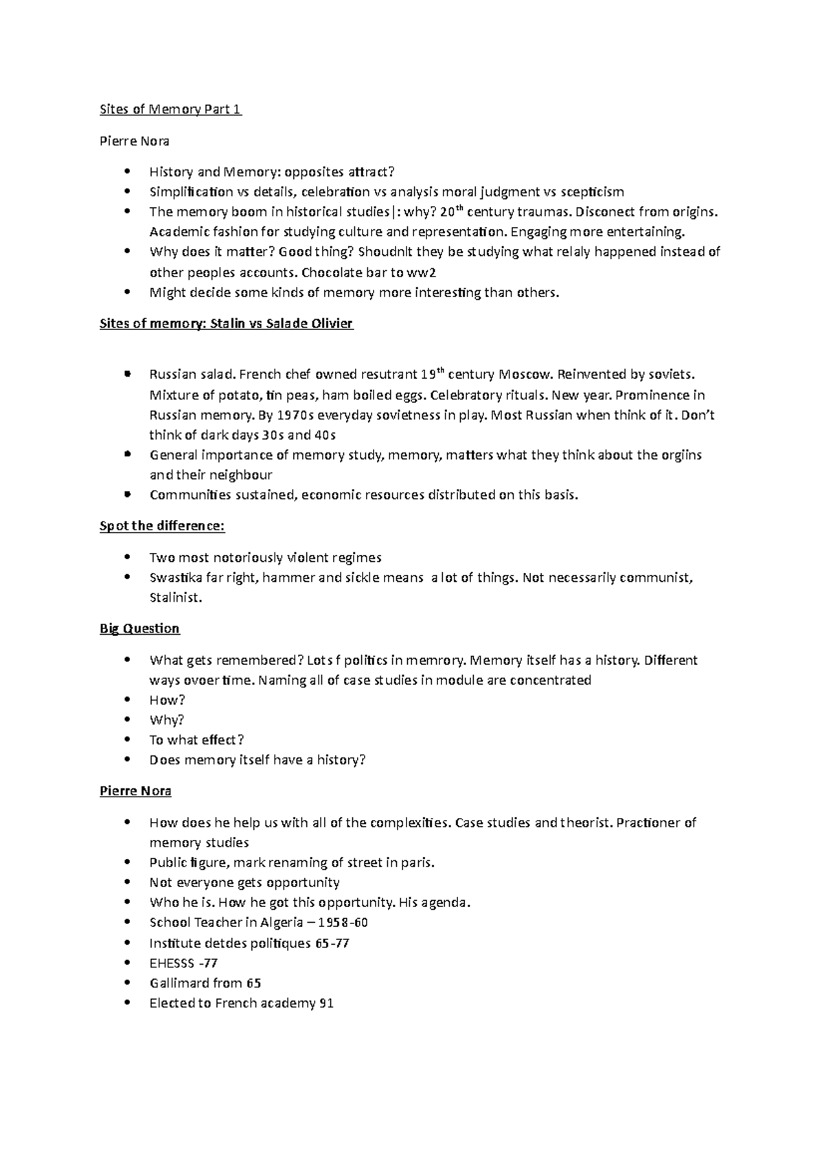 Week 3 Seminar and Lecture Notes on Sites of Memory - Sites of Memory ...
