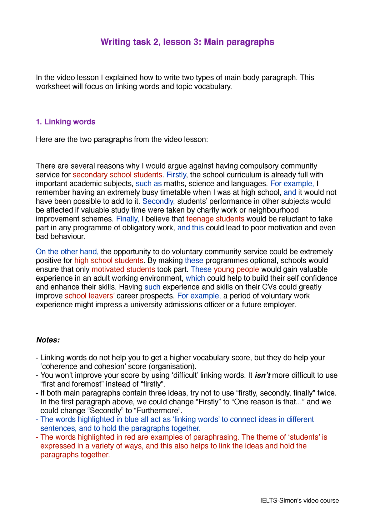 Main paragraphs worksheet - Writing task 2, lesson 3: Main paragraphs ...