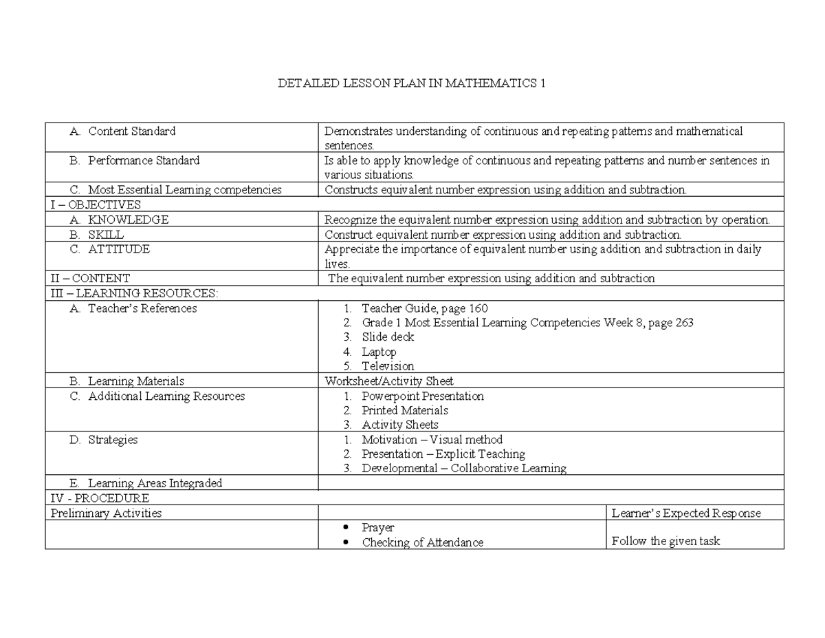 Dddddddddddddddddddddddddd - DETAILED LESSON PLAN IN MATHEMATICS 1 A ...
