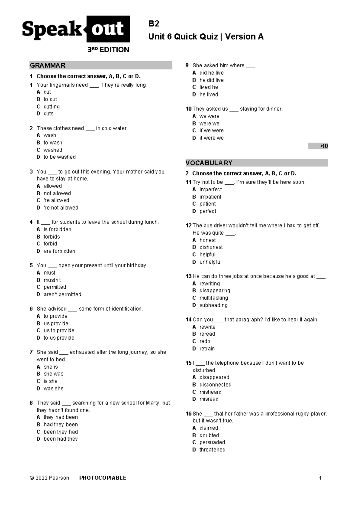 So3 B2 Quick Quiz U6a Test B2 B Unit 6 Quick Quiz Version A