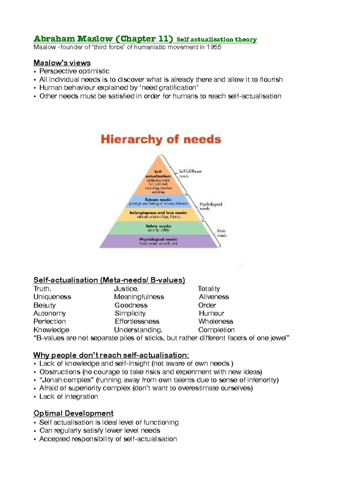 Abraham Maslow Self-actualisation theory study notes - Abraham Maslow ...