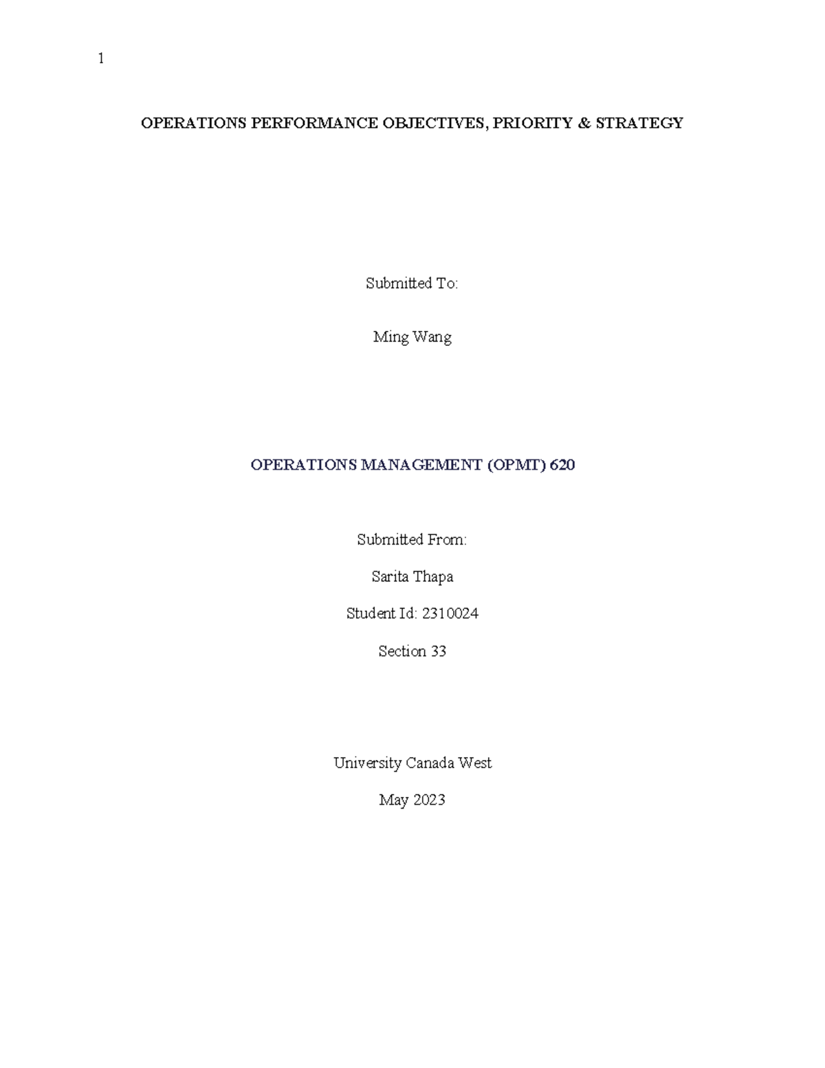 Assignment 1 Case study - OPERATIONS PERFORMANCE OBJECTIVES, PRIORITY ...