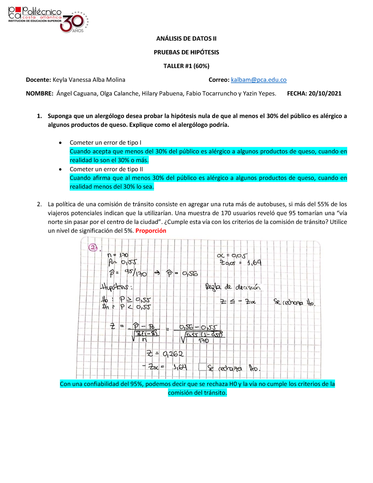 Taller Pruebas De Hipotesis - AN¡LISIS DE DATOS II PRUEBAS DE HIP”TESIS ...