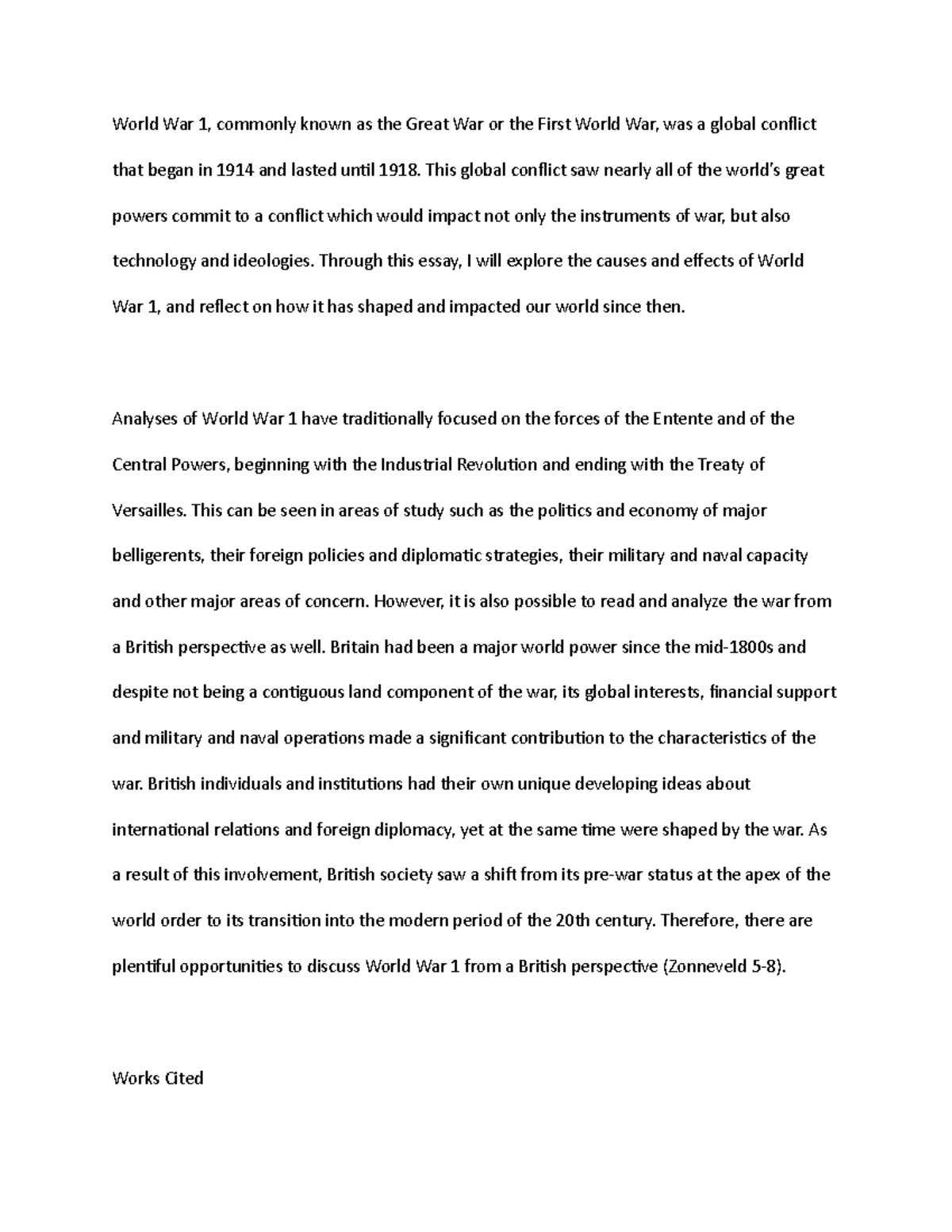 world war 1 essay in english