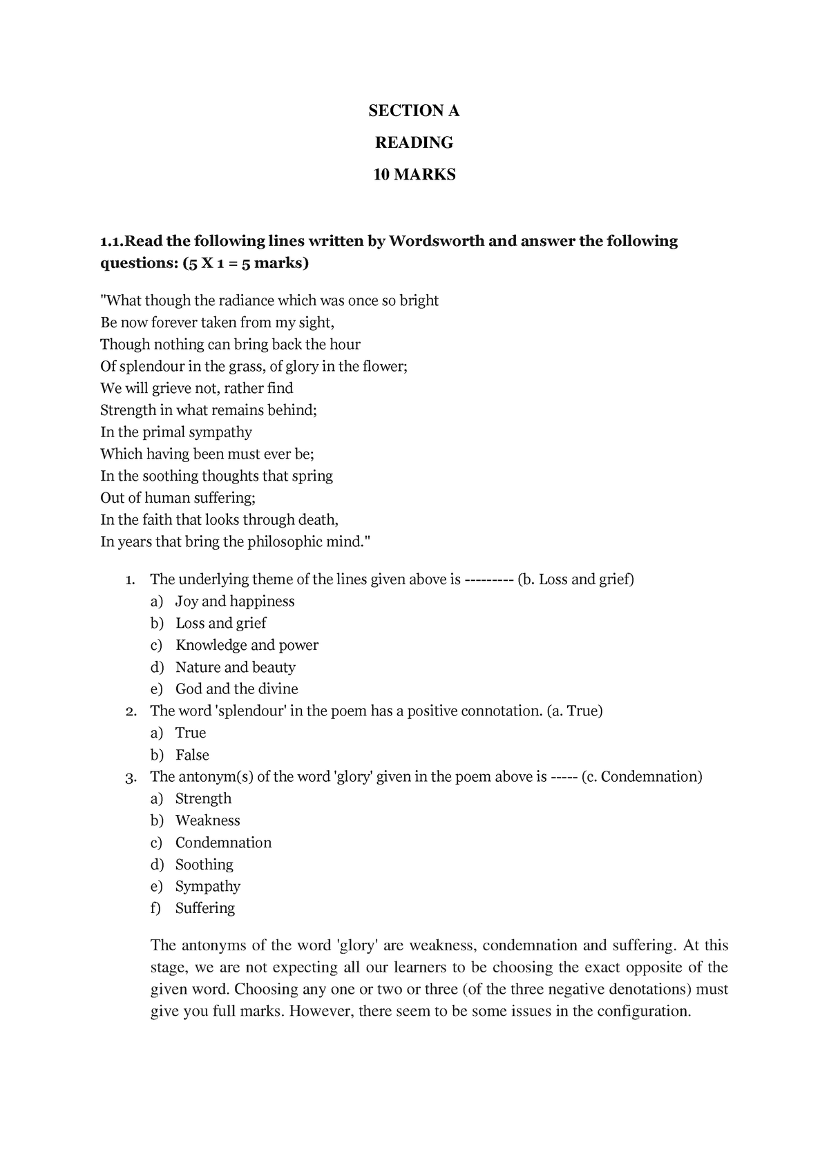 Mock Test Answer Key English I - SECTION A READING 10 MARKS 1.1 The ...