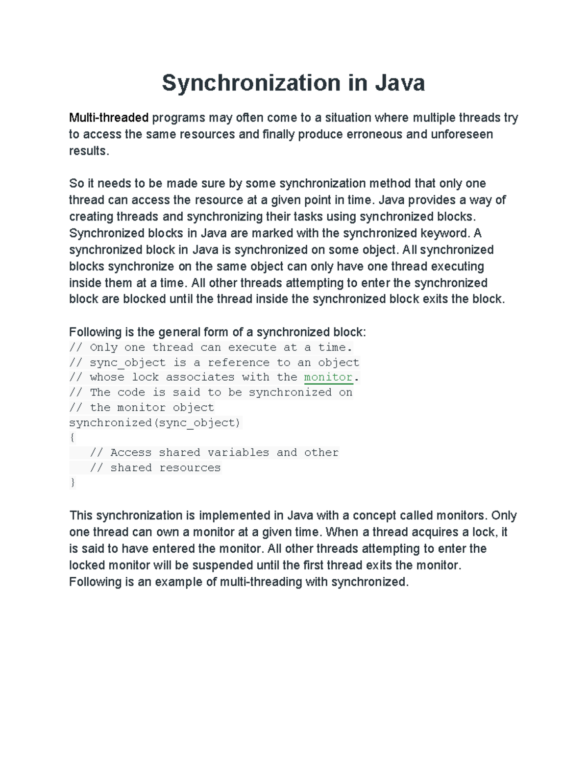 Synchronization in Java - Synchronization in Java Multi-threaded ...
