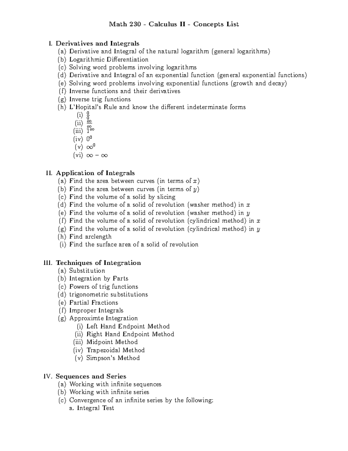 Math 230 Calculus II Concepts List - Math 230 - Calculus II - Concepts ...