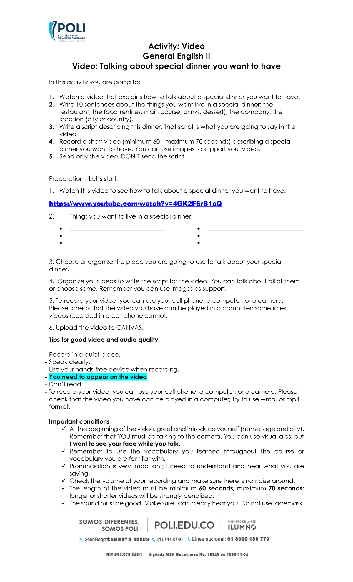 Production task instructions general english ii 2 activity video